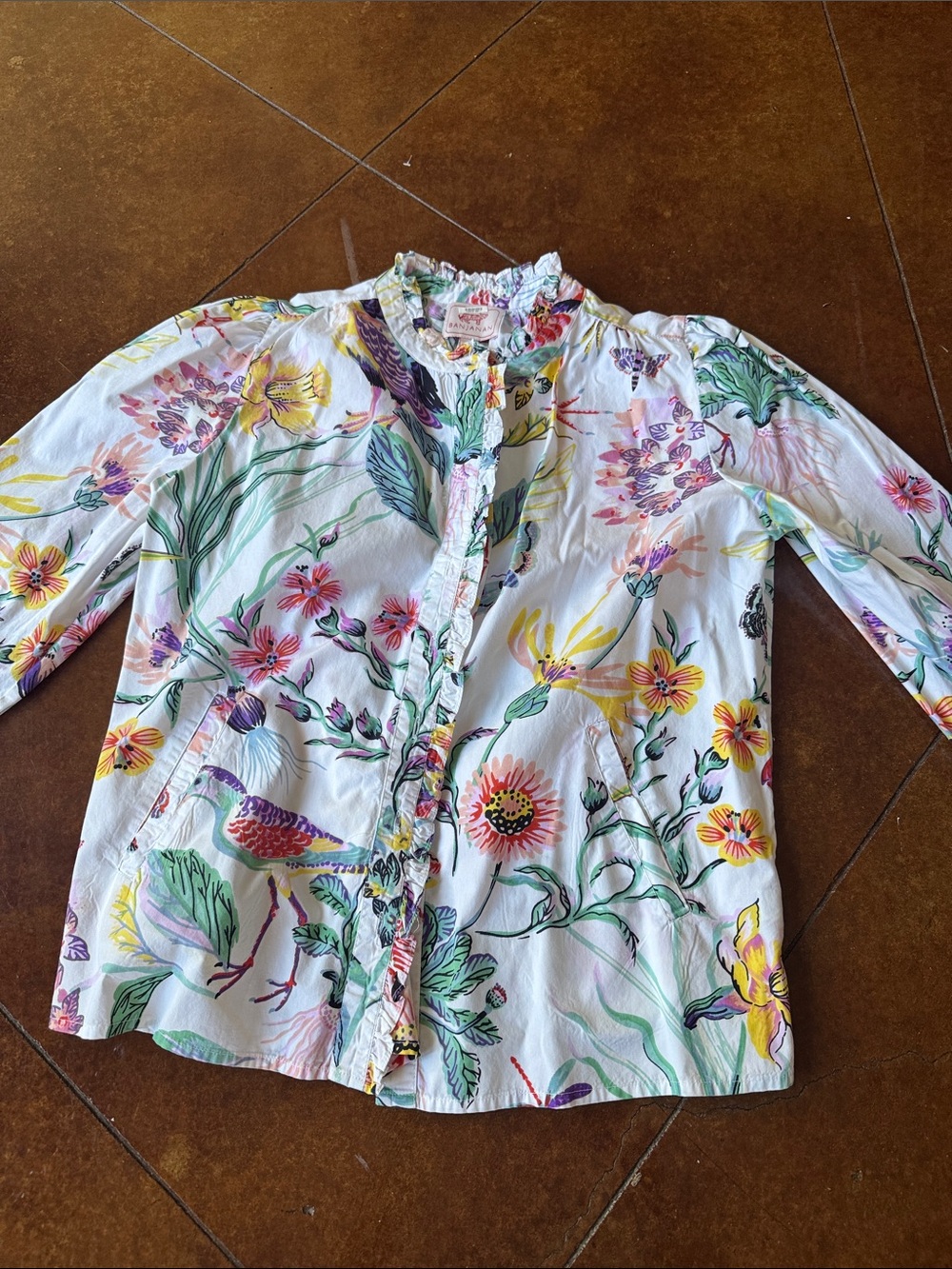 Banjanan White Floral Ruffle-Trim Button Front Blouse